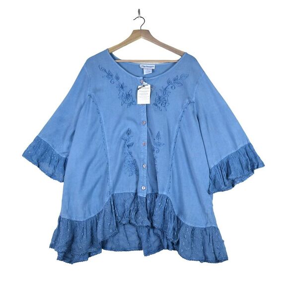 The Paragon 2X Blue Embroidered Button Front Top Rayon Boho Tunic Shirt - Picture 1 of 8